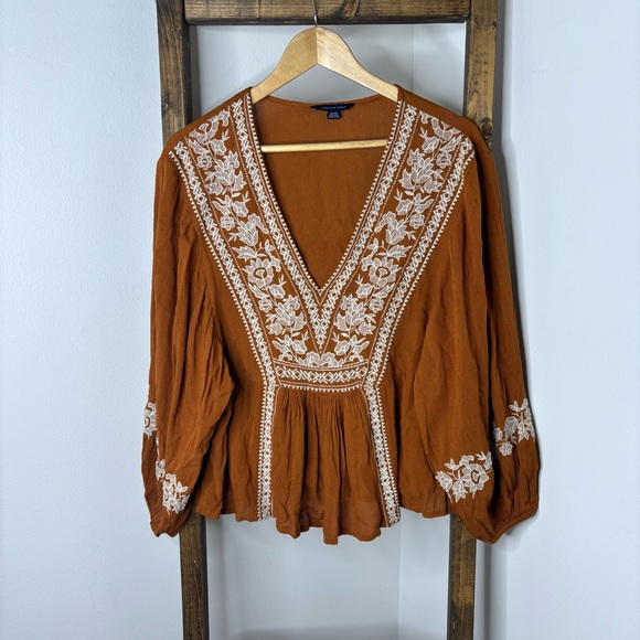 American Eagle Embroidered Brown Blouse S - Picture 1 of 5